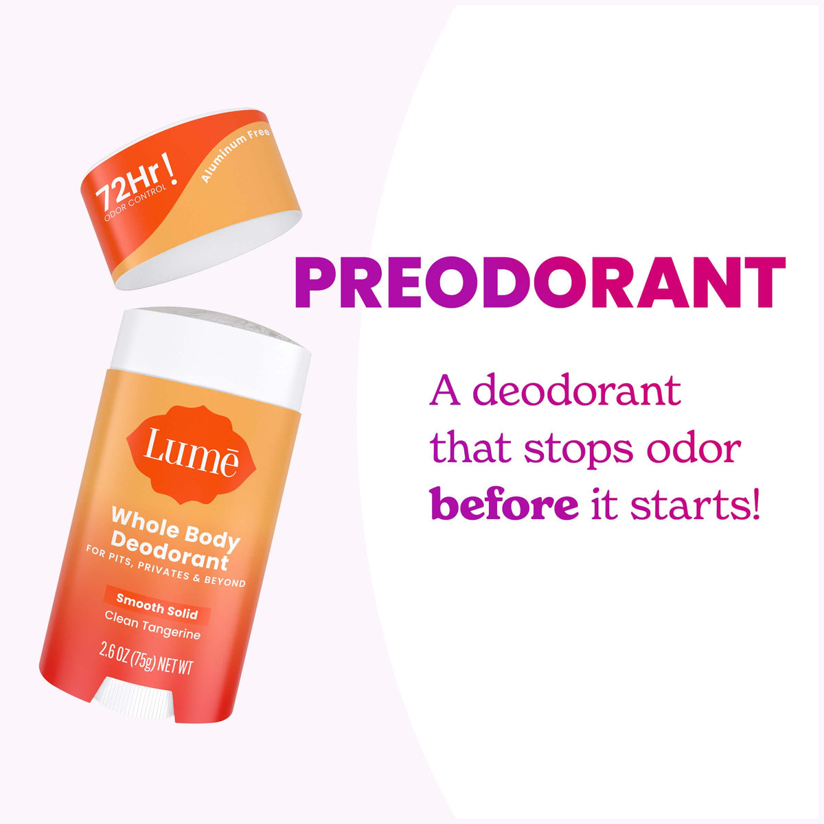 Lume tube beside ingredient label highlighting aluminum and baking-soda-free formulation benefit