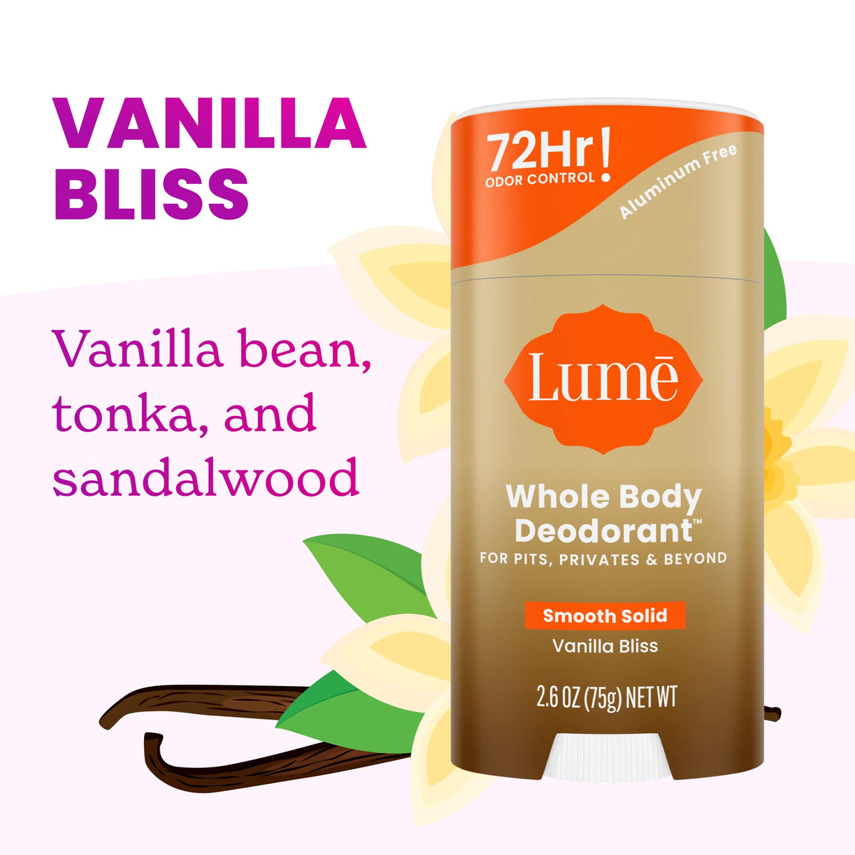 Lume Vanilla Bliss ingredients staged to highlight warm vanilla and sandalwood scent