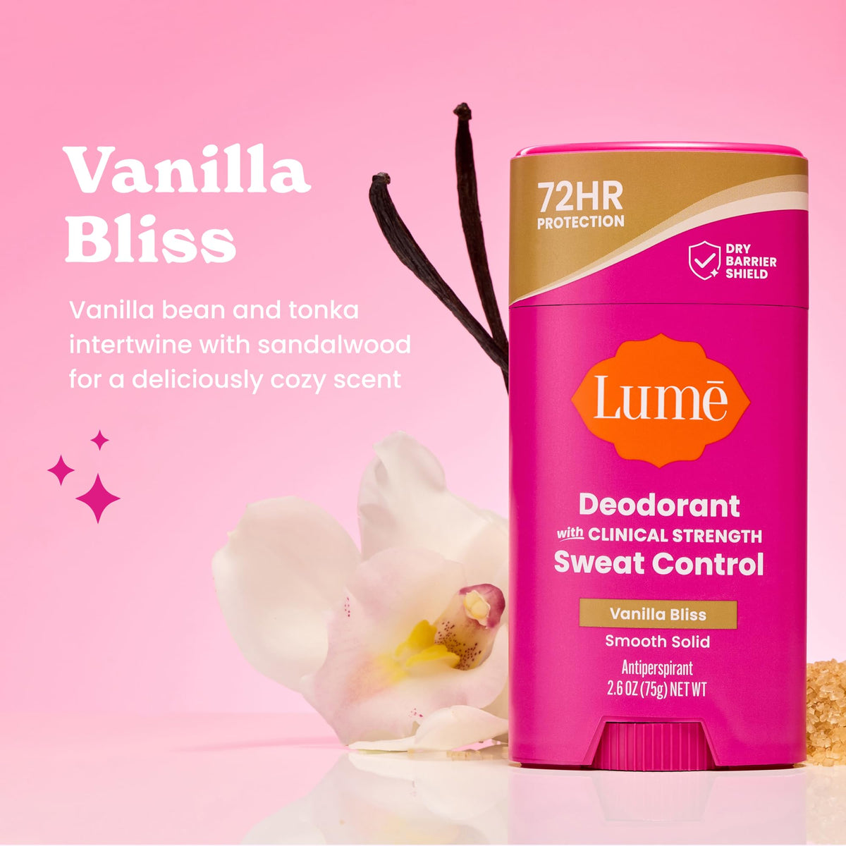 Lume Vanilla Bliss stick close-up highlighting smooth glide and compact design