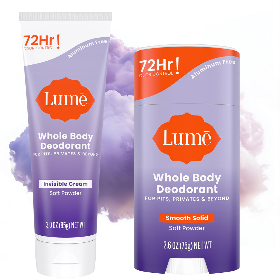 Lume whole body bundle front packaging showing both cream and solid, promotes all‑over odor control