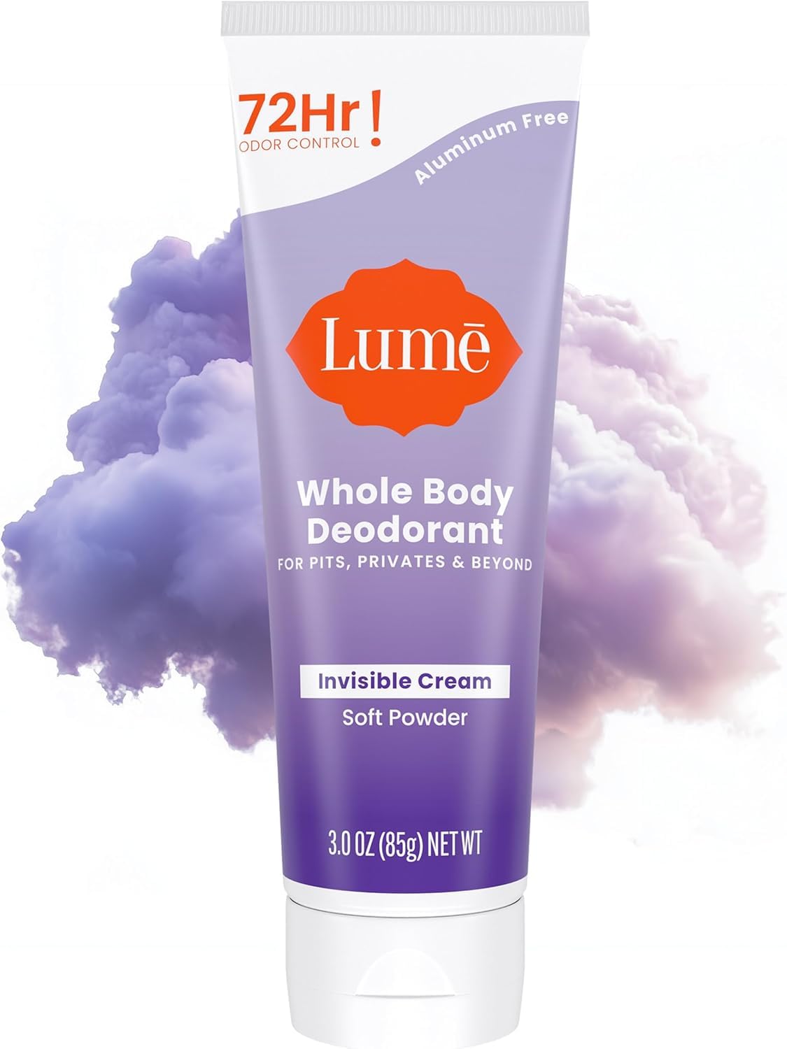 Lume brand front tube of whole body deodorant showing packaging benefit convenience