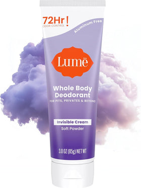 Lume brand front tube of whole body deodorant showing packaging benefit convenience
