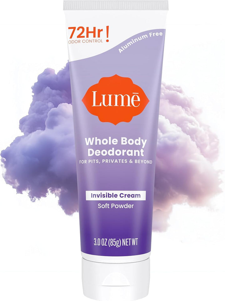 Lume brand front tube of whole body deodorant showing packaging benefit convenience
