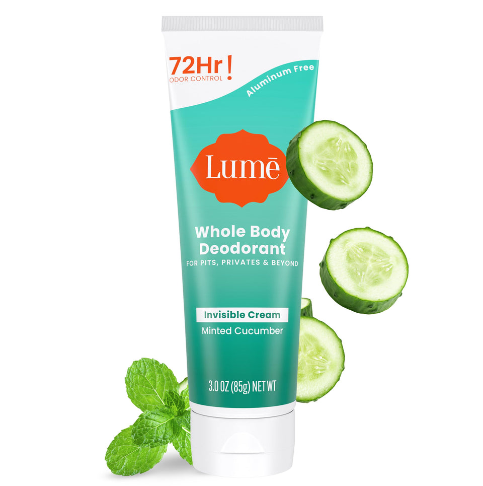 Lume front tube view showing Minted Cucumber scent and clean design benefit