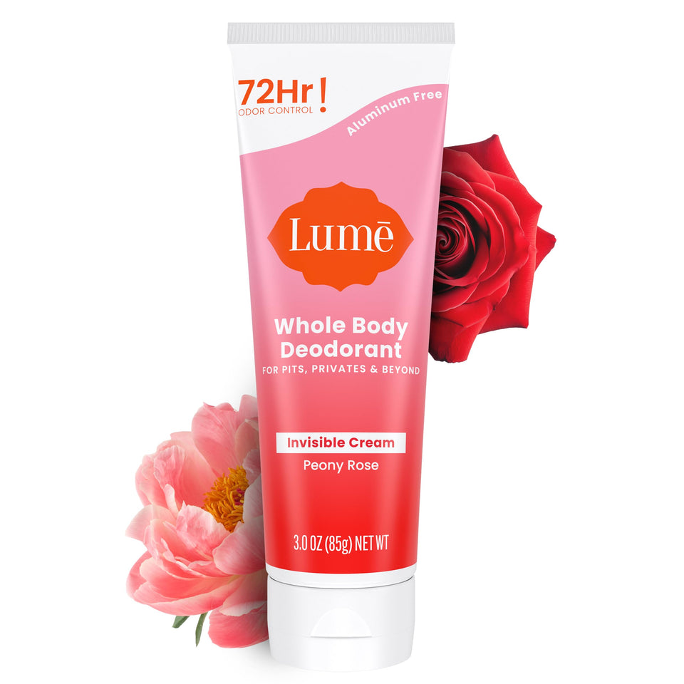 Lume front tube showing Peony Rose label and odor-control benefit