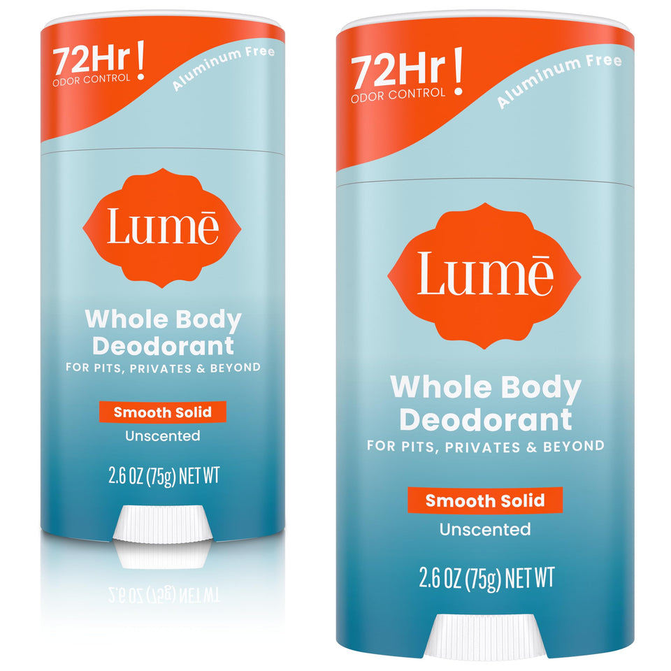 Lume whole body stick front view showing clean unscented packaging and benefit