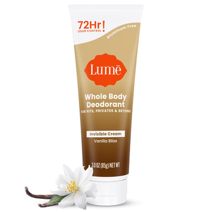 Lume front tube showing Vanilla Bliss and 3.0 oz, clear benefit: discreet odor control