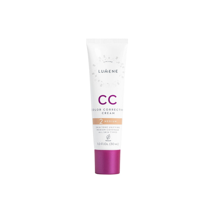Lumene CC Cream front packaging showing sleek bottle and product name, promotes ease of use