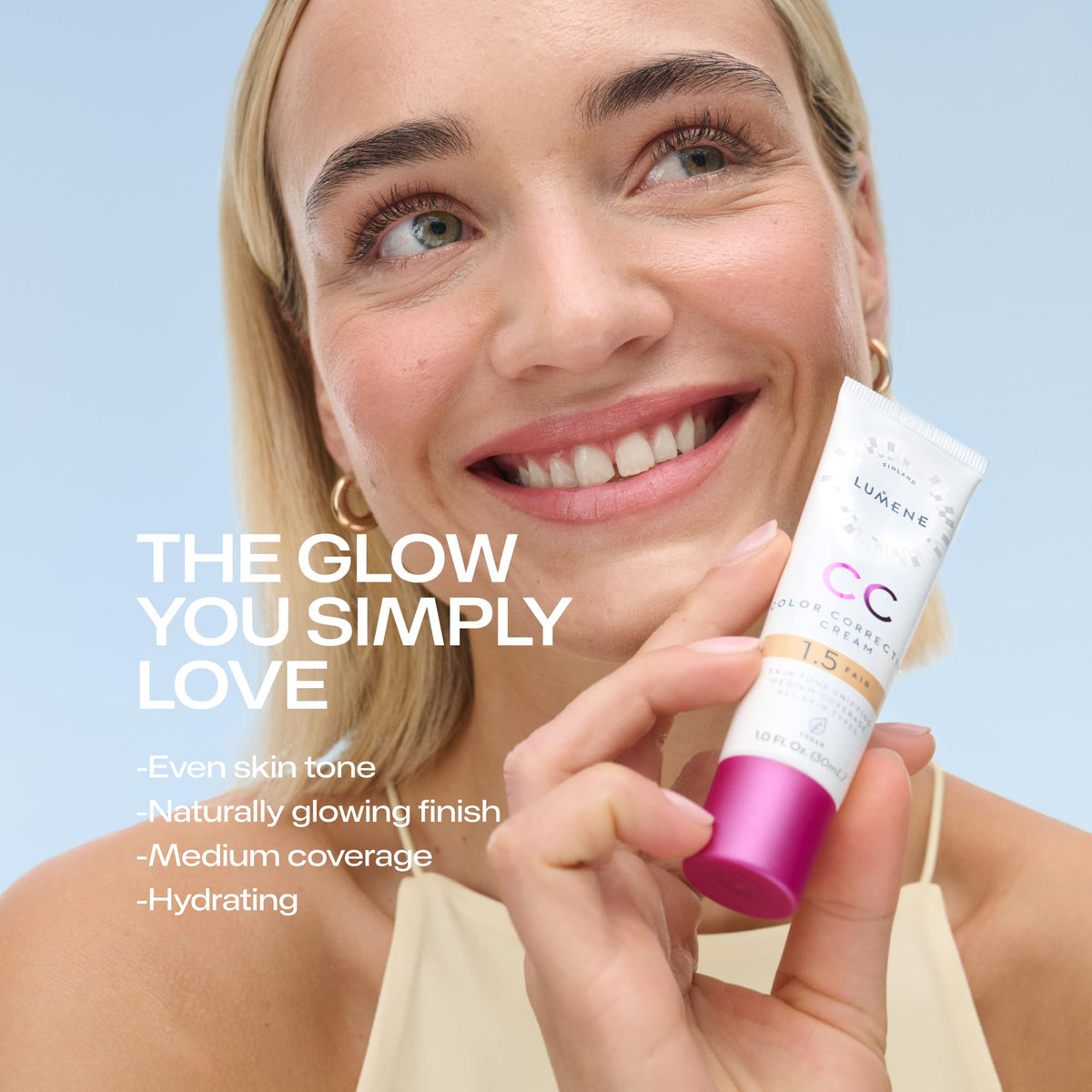 Lumene beside a one-ounce reference object showing compact travel-friendly benefit