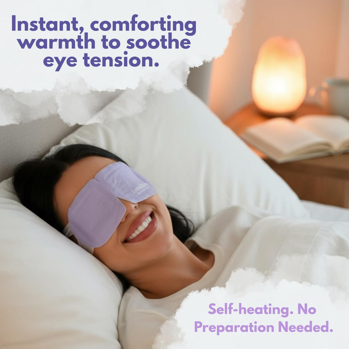 LumiDew mask on model resting, promotes relaxation and reduced eye strain