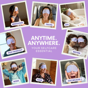 LumiDew mask tucked inside travel bag, travel-ready relief and comfort