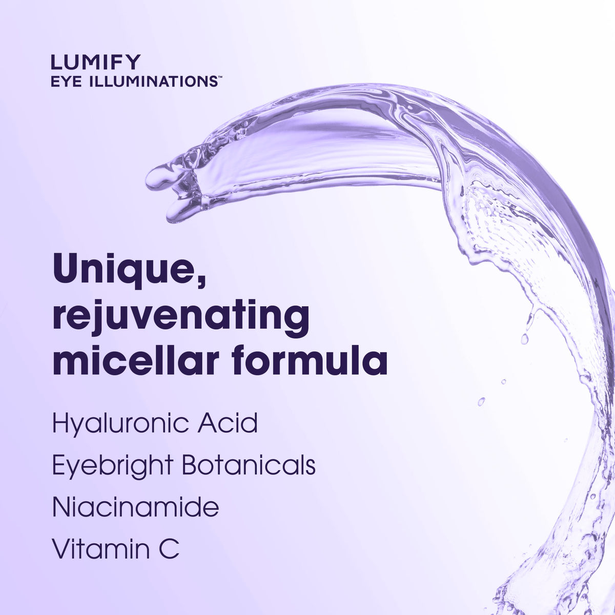 LUMIFY cleansing water texture on cotton pad showing gentle, clear micellar liquid