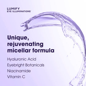 LUMIFY cleansing water texture on cotton pad showing gentle, clear micellar liquid