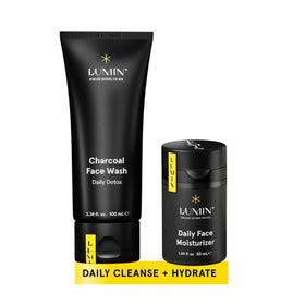 Lumin charcoal face wash and moisturizer front packaging showing products and benefits
