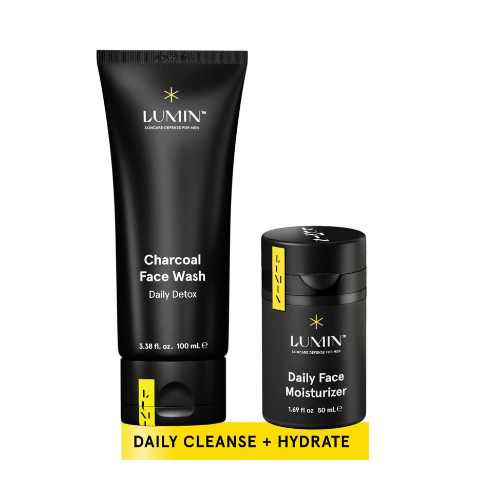 Lumin charcoal face wash and moisturizer front packaging showing products and benefits