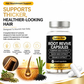 Lumin Hair capsule close-up highlighting texture and easy-to-swallow format for convenience