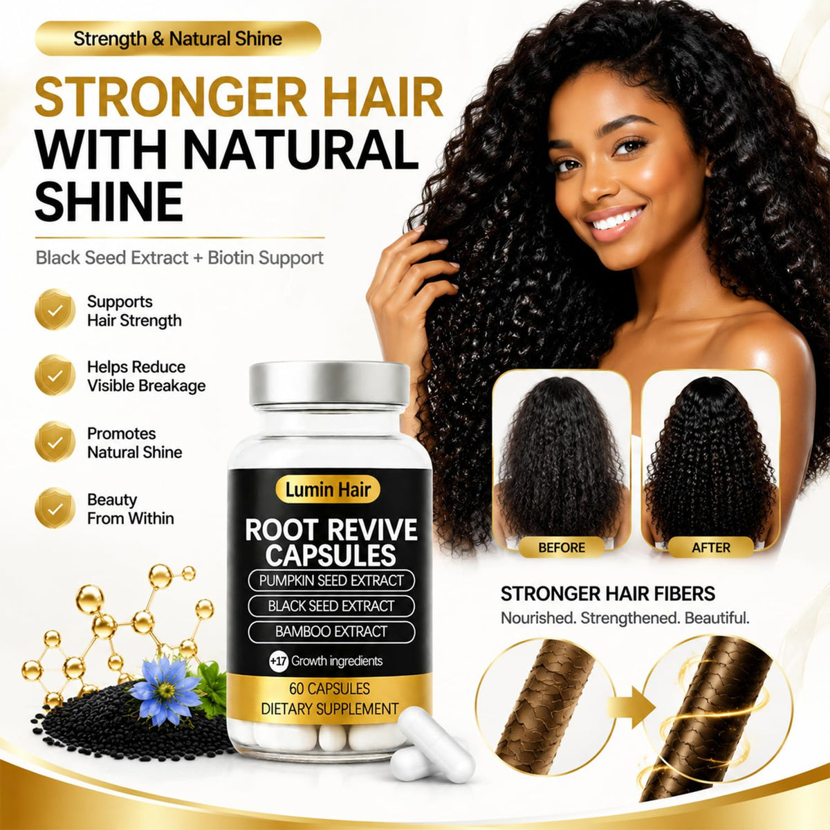 Lumin Hair ingredient display with biotin and botanicals emphasizing nourishing blend