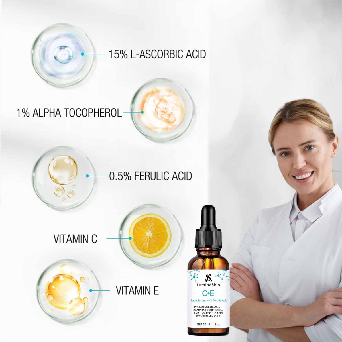 LuminaSkin dropper detail with serum bead, highlights precise, mess-free application