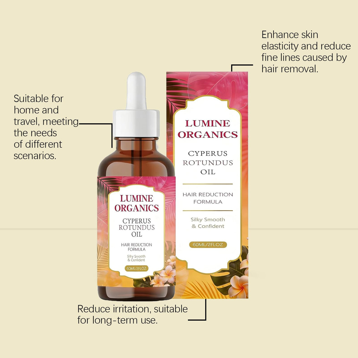 Lumine Organics 60ml size comparison on hand to show portable travel-friendly volume