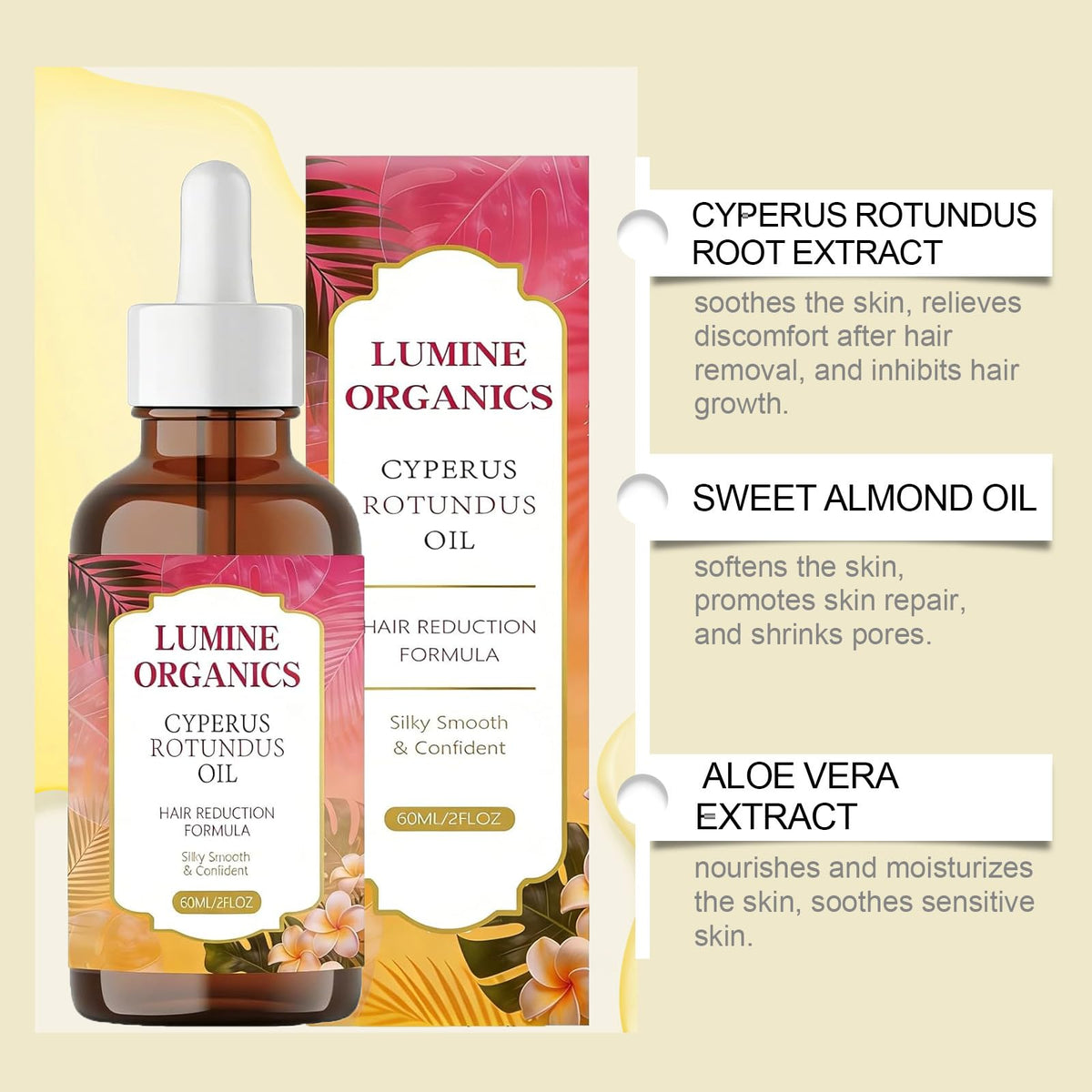 Lumine Organics ingredient botanicals flatlay highlighting natural plant-based formula