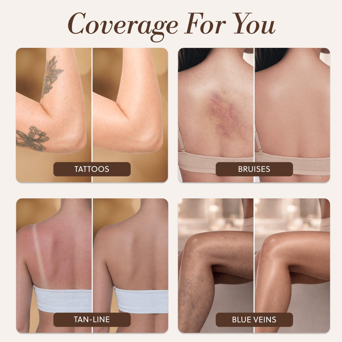 LUMINESS application on leg showing concealed tattoo and flawless coverage benefit