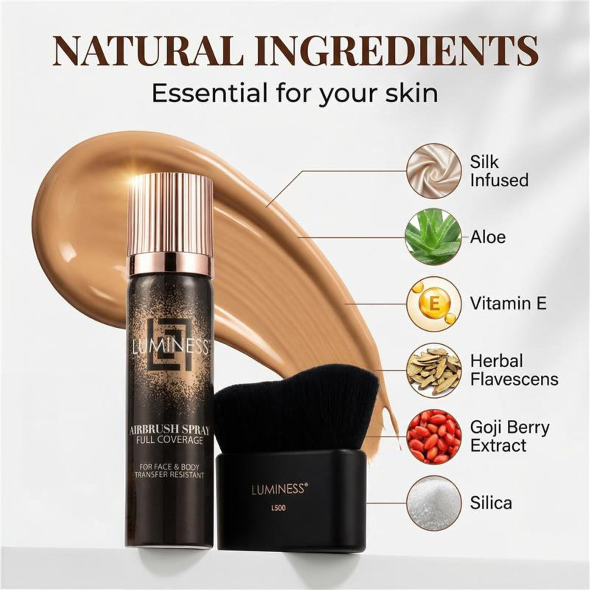 LUMINESS misting onto kabuki brush demonstrating targeted application benefit