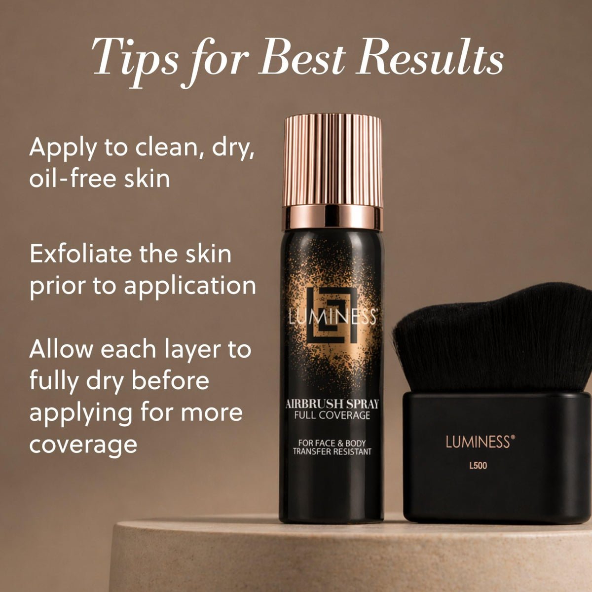 LUMINESS lifestyle shot on model outdoors illustrating bronzed, camera-ready results