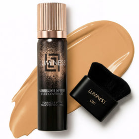 LUMINESS front can and kabuki brush showing packaging and precise application benefit