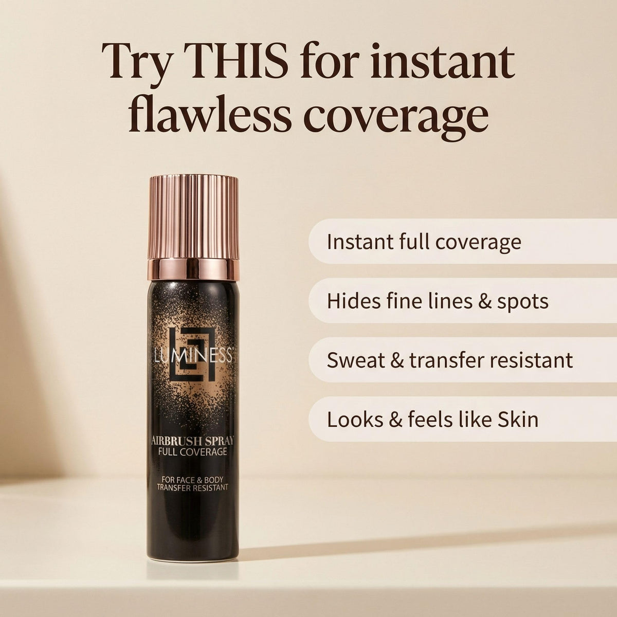 LUMINESS label close-up showing waterproof long-wear benefit