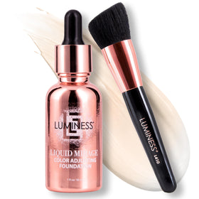 LUMINESS front view of Liquid Mirage kit showing bottle, primer, and brush for flawless convenience