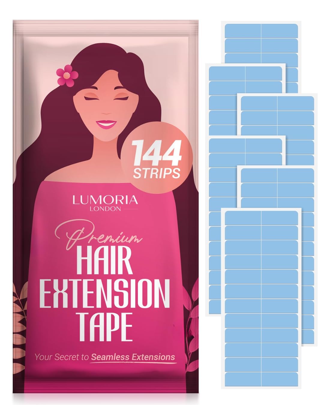 LUMORIA front packaging showing 144 pre-cut tape tabs and benefits