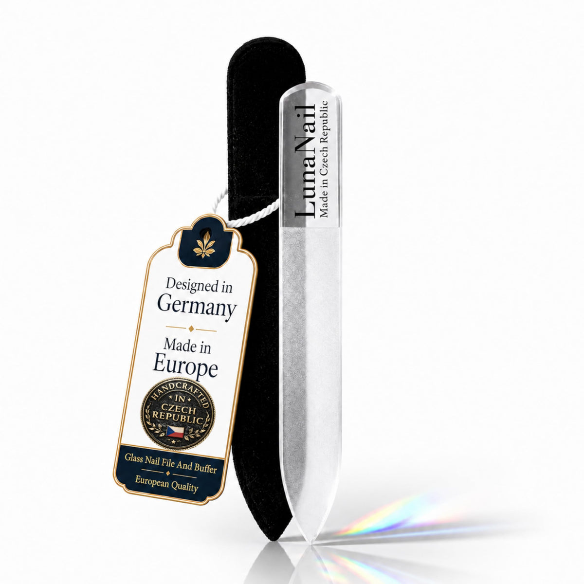LunaNail front view showing glass file and velvet case, neat compact gift
