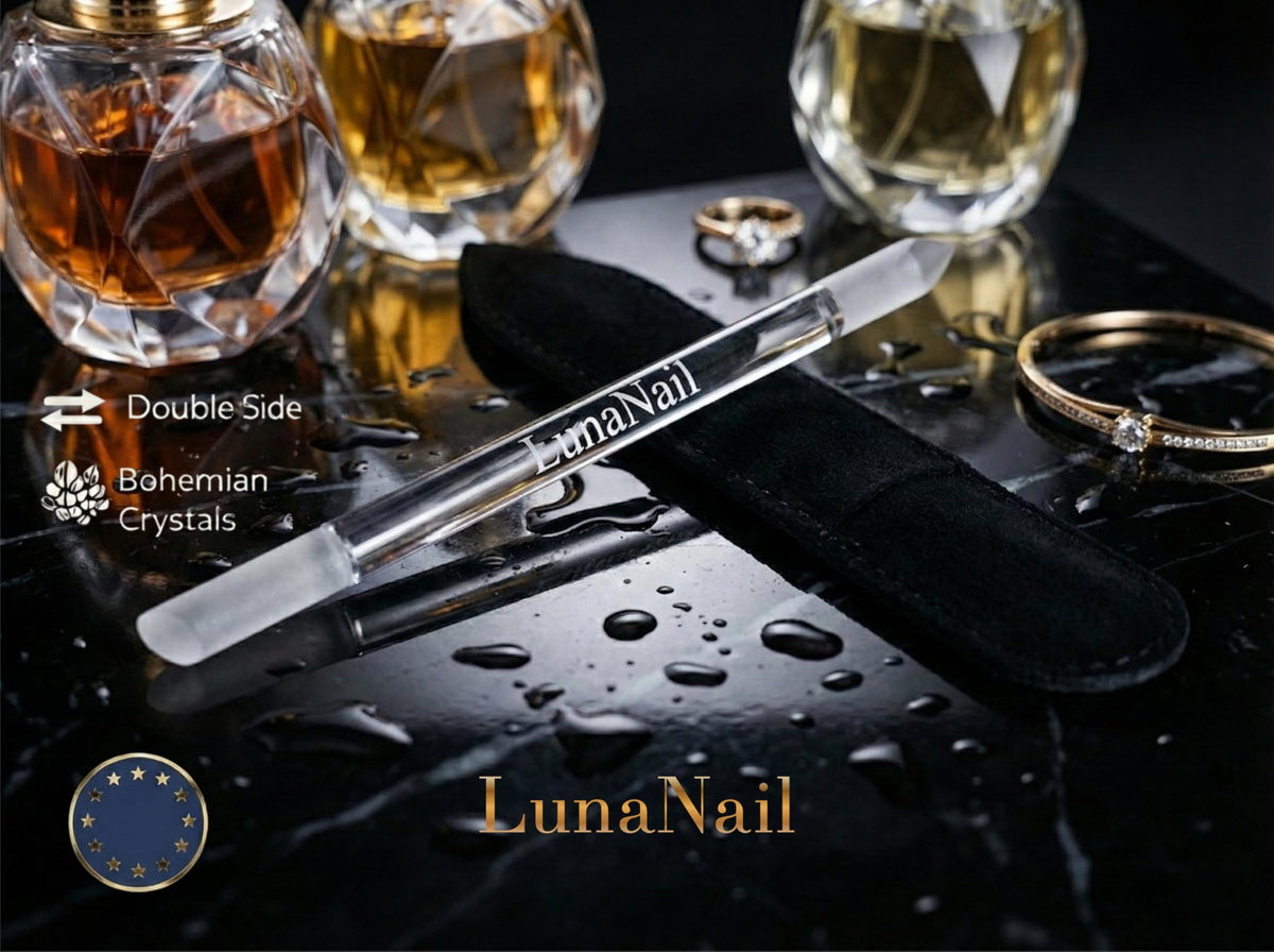 LunaNail in a travel pouch beside cosmetics, ideal for on-the-go touch-ups
