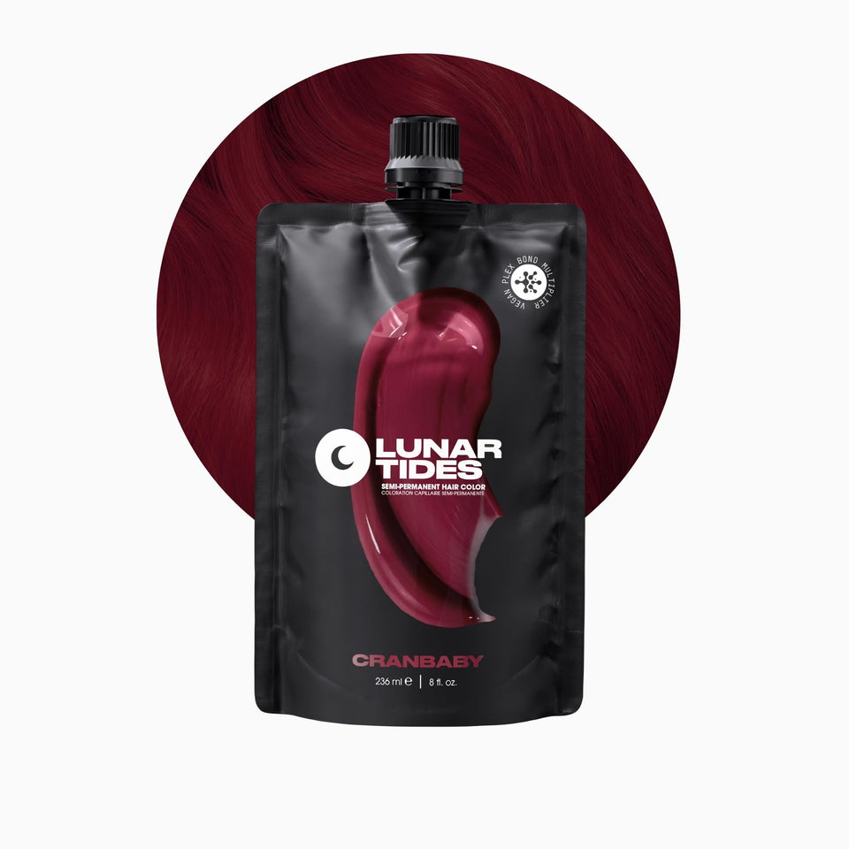 Lunar Tides Cranbaby front packaging showing vibrant cranberry tone and 8 fl. oz benefit