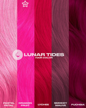 Close-up glossy hair strand colored with Lunar Tides Fuchsia, highlighting shine and pigment deposit