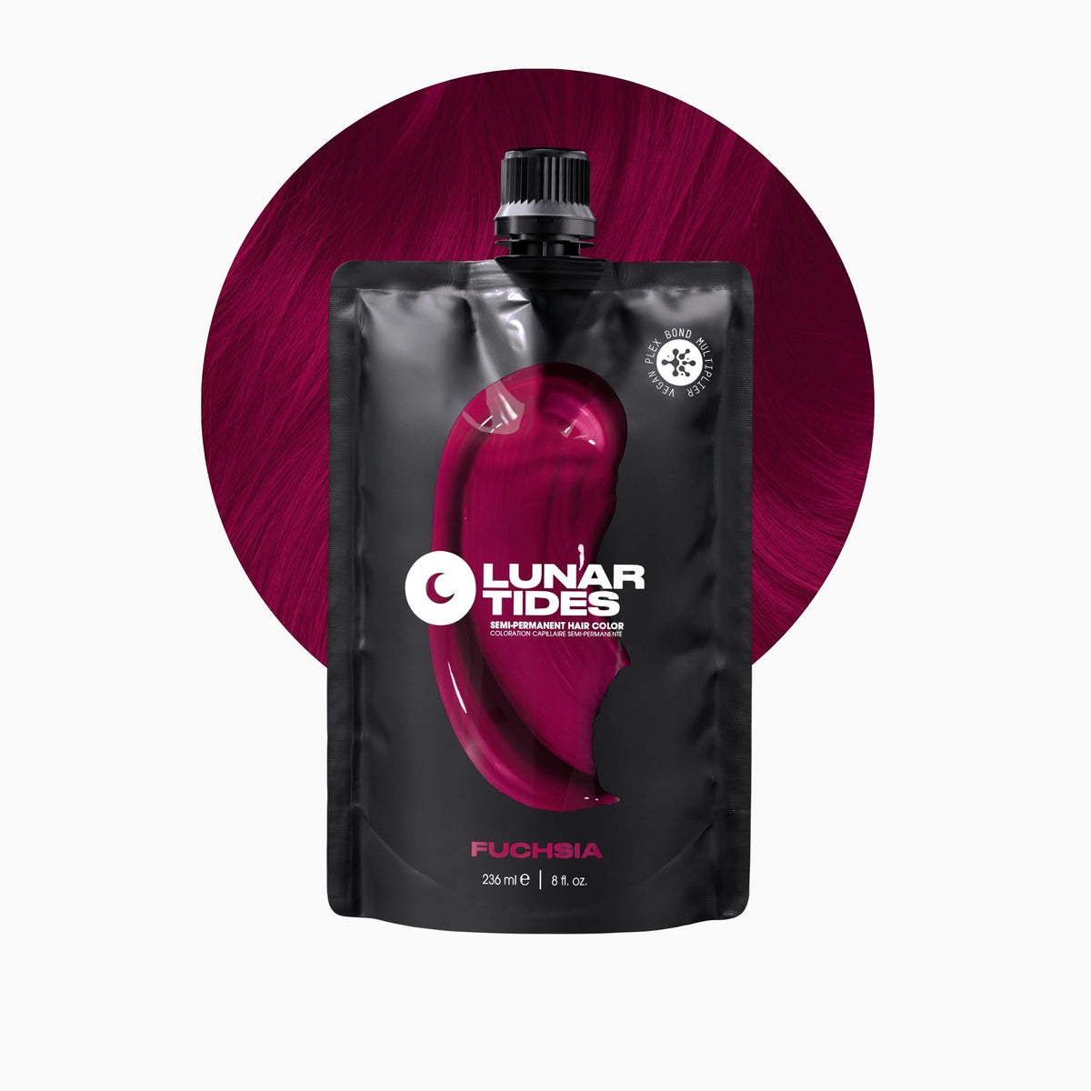 Lunar Tides front packaging showing bold fuchsia label and 4 fl oz size, vibrant result preview