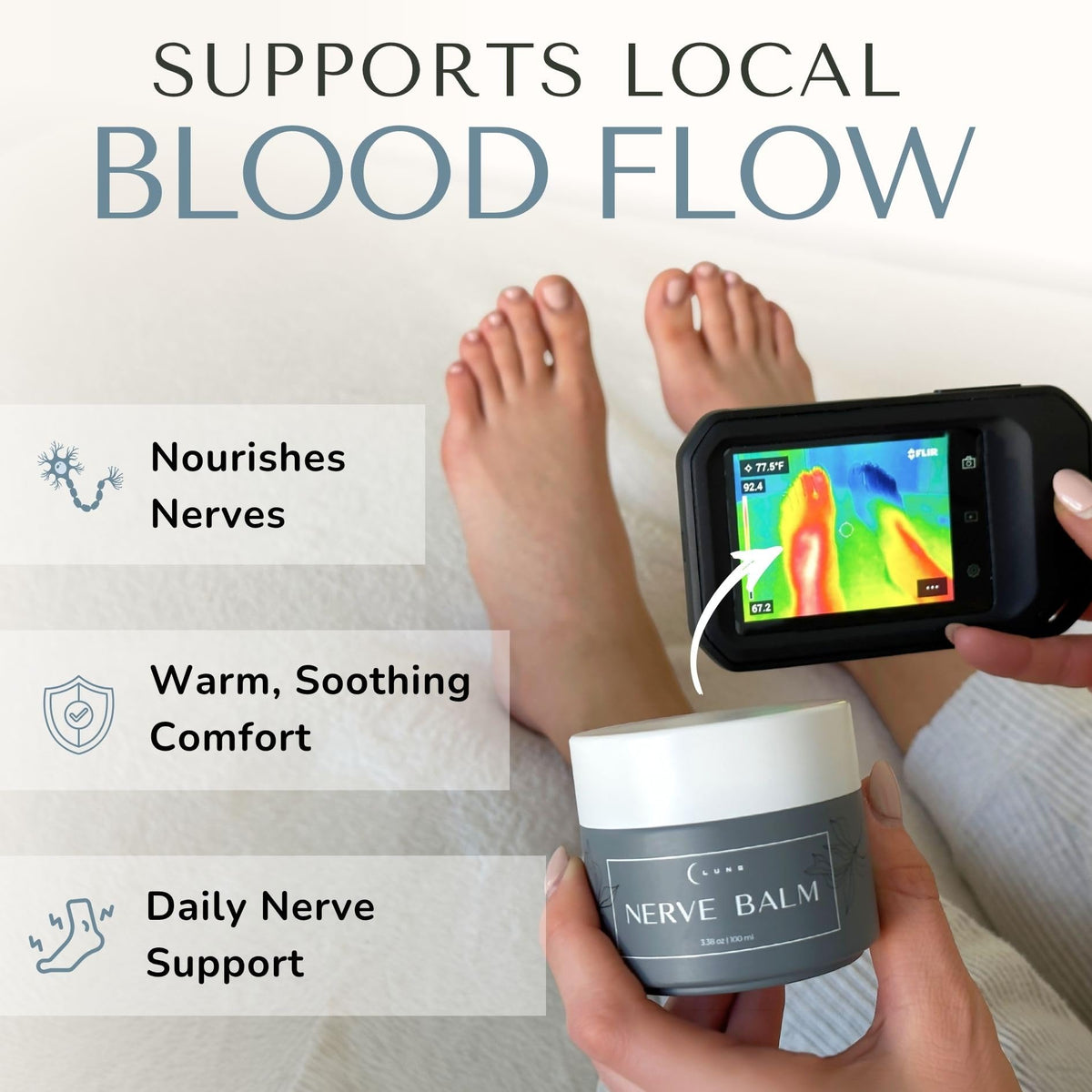 Lune applied to feet demonstrating targeted soothing and cooling
