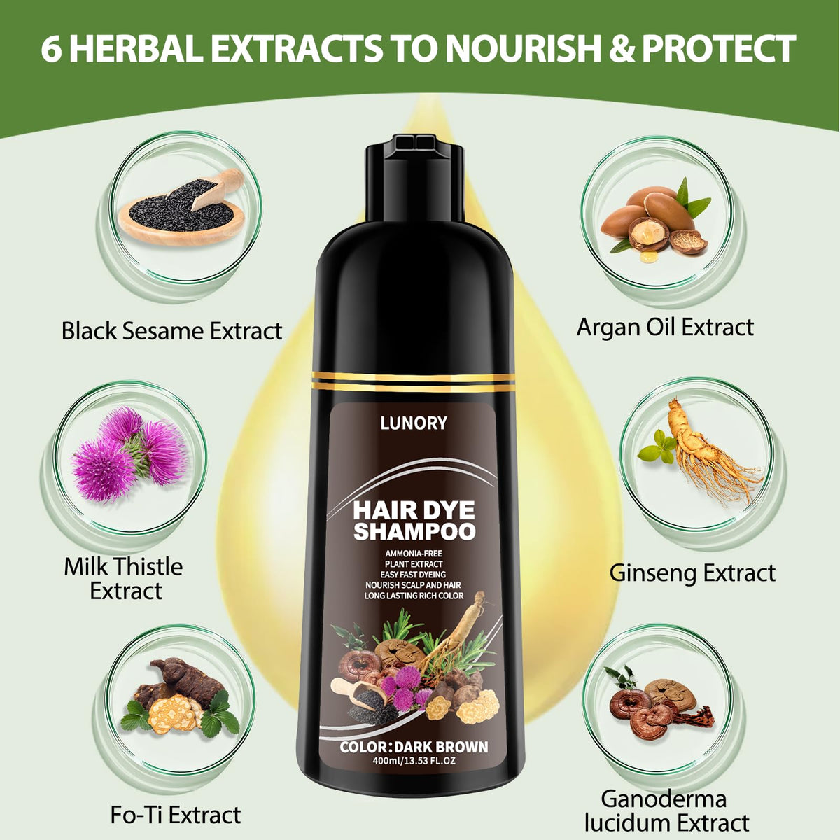 Lunory close-up label highlighting argan oil and ginseng nourishment