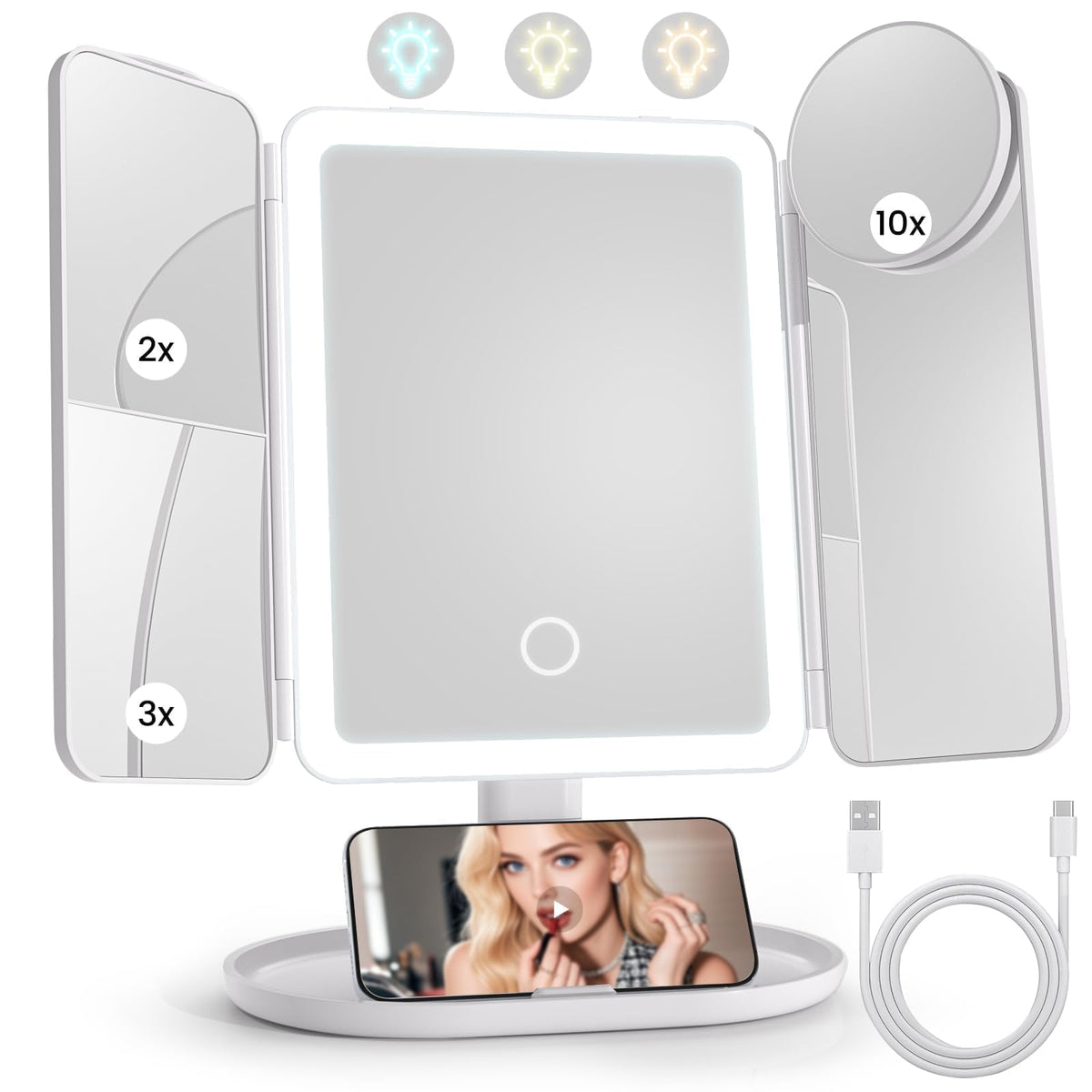 Lupow front view trifold mirror showing full illuminated panels and elegant finish for clear grooming