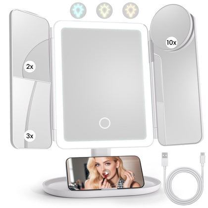 Lupow front view trifold mirror showing full illuminated panels and elegant finish for clear grooming