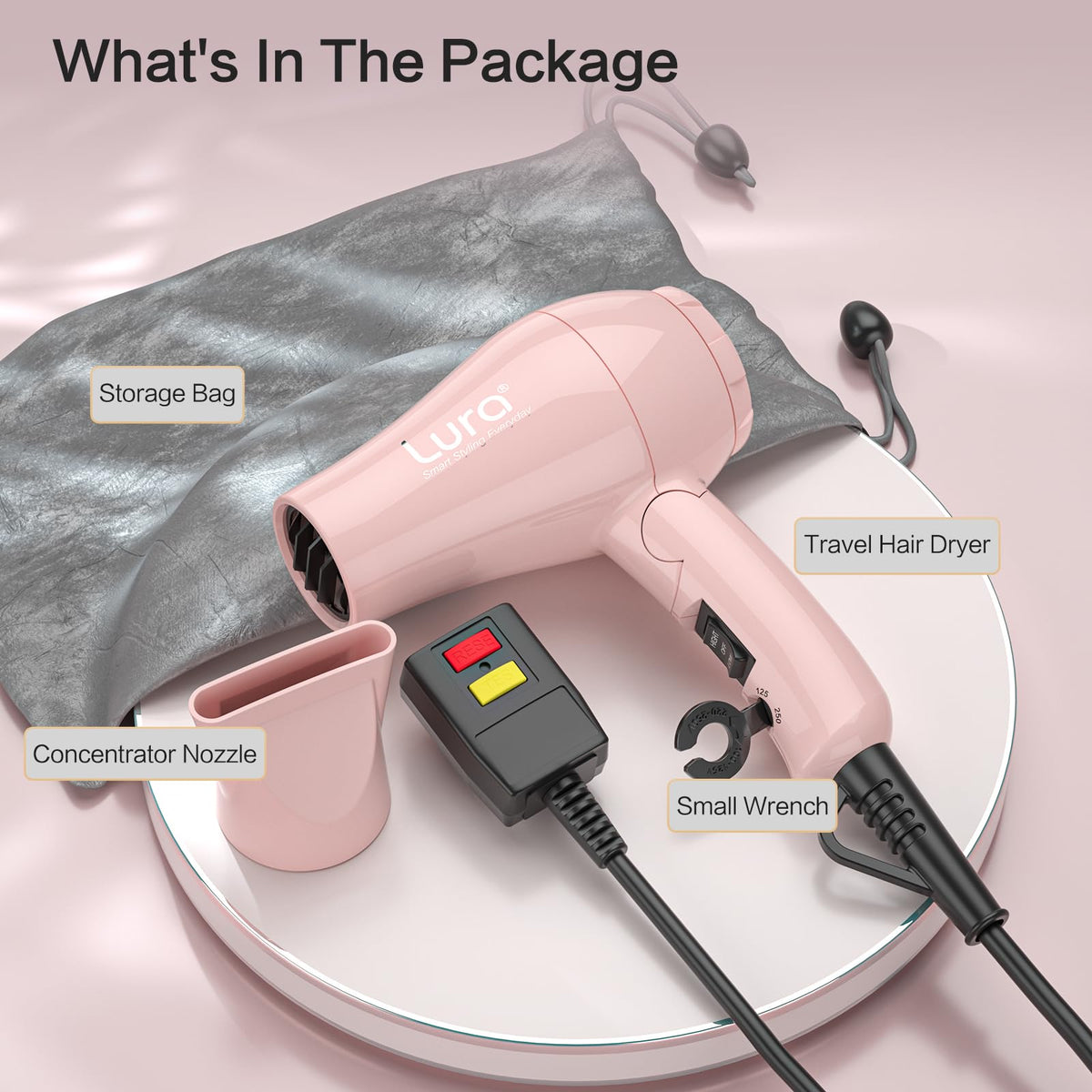 LURA with concentrator attached showing focused airflow for precise styling