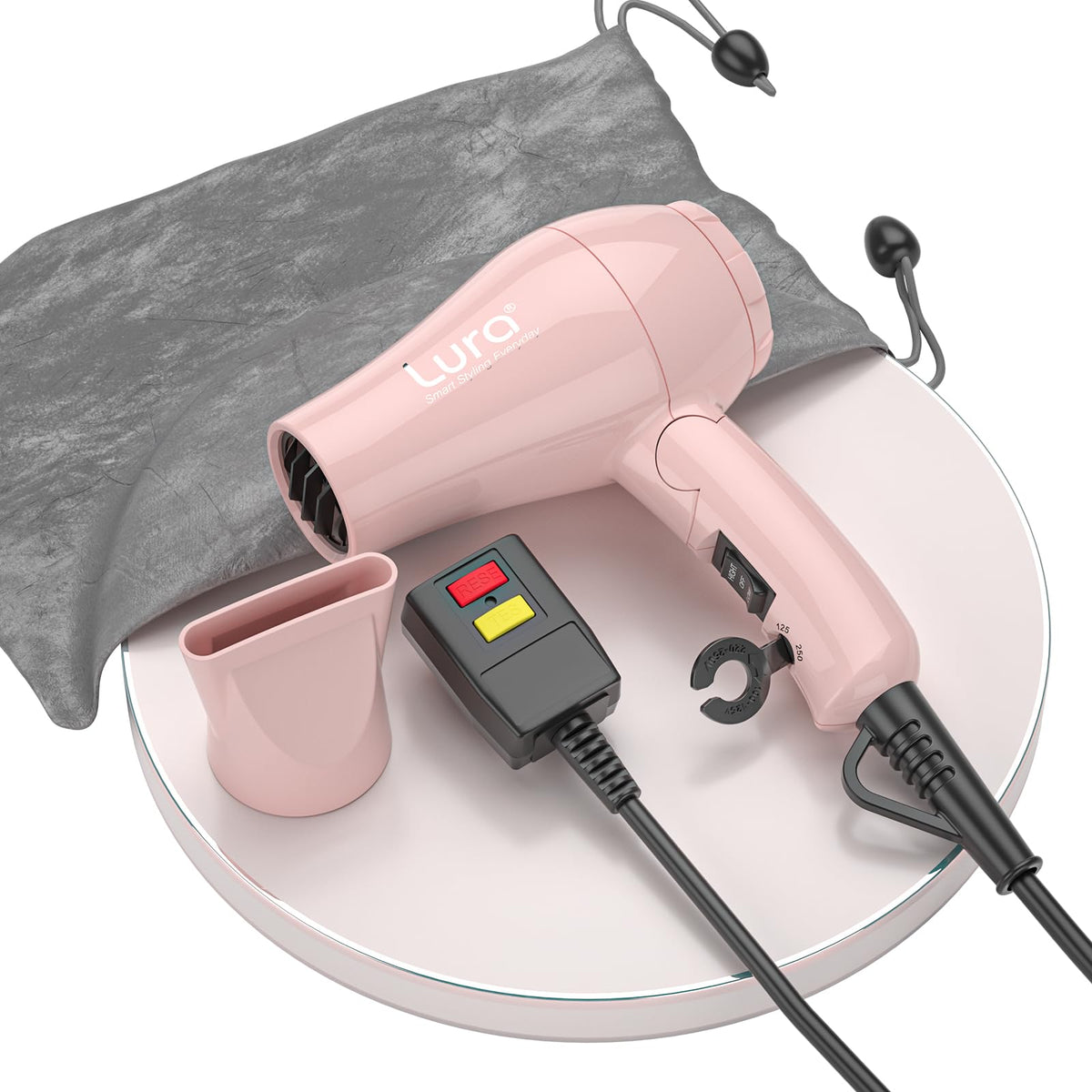 LURA being used to style hair showing portable drying and quick results