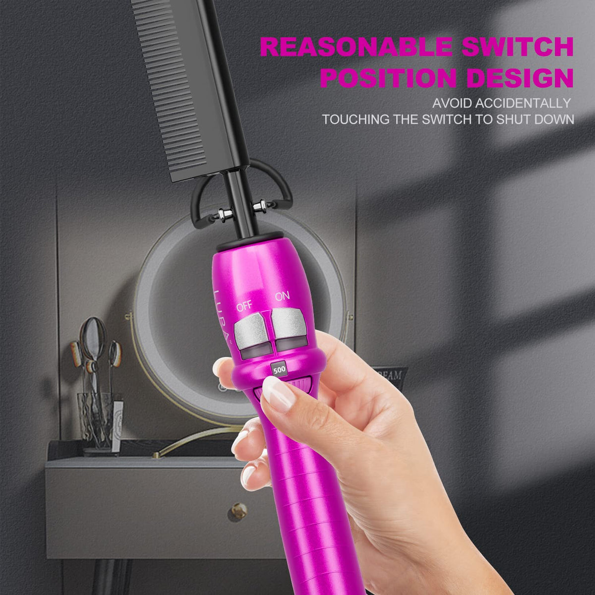 LURA comb held in hand to show scale and lightweight design for comfortable use