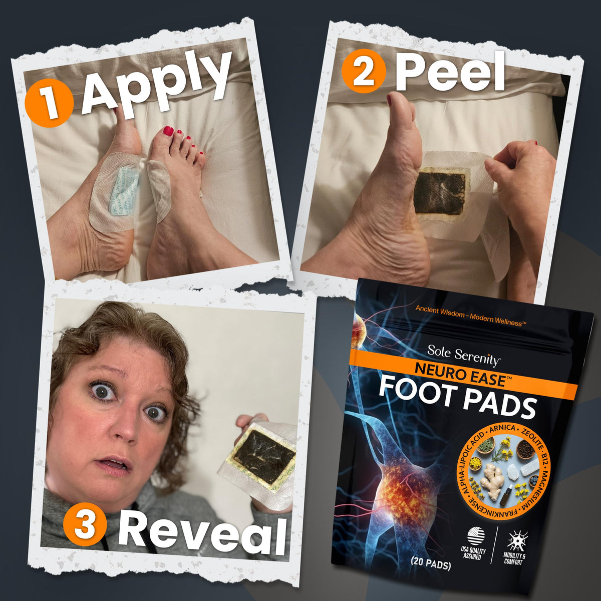 Lure Essentials pad applied to foot demonstrating easy nightly use