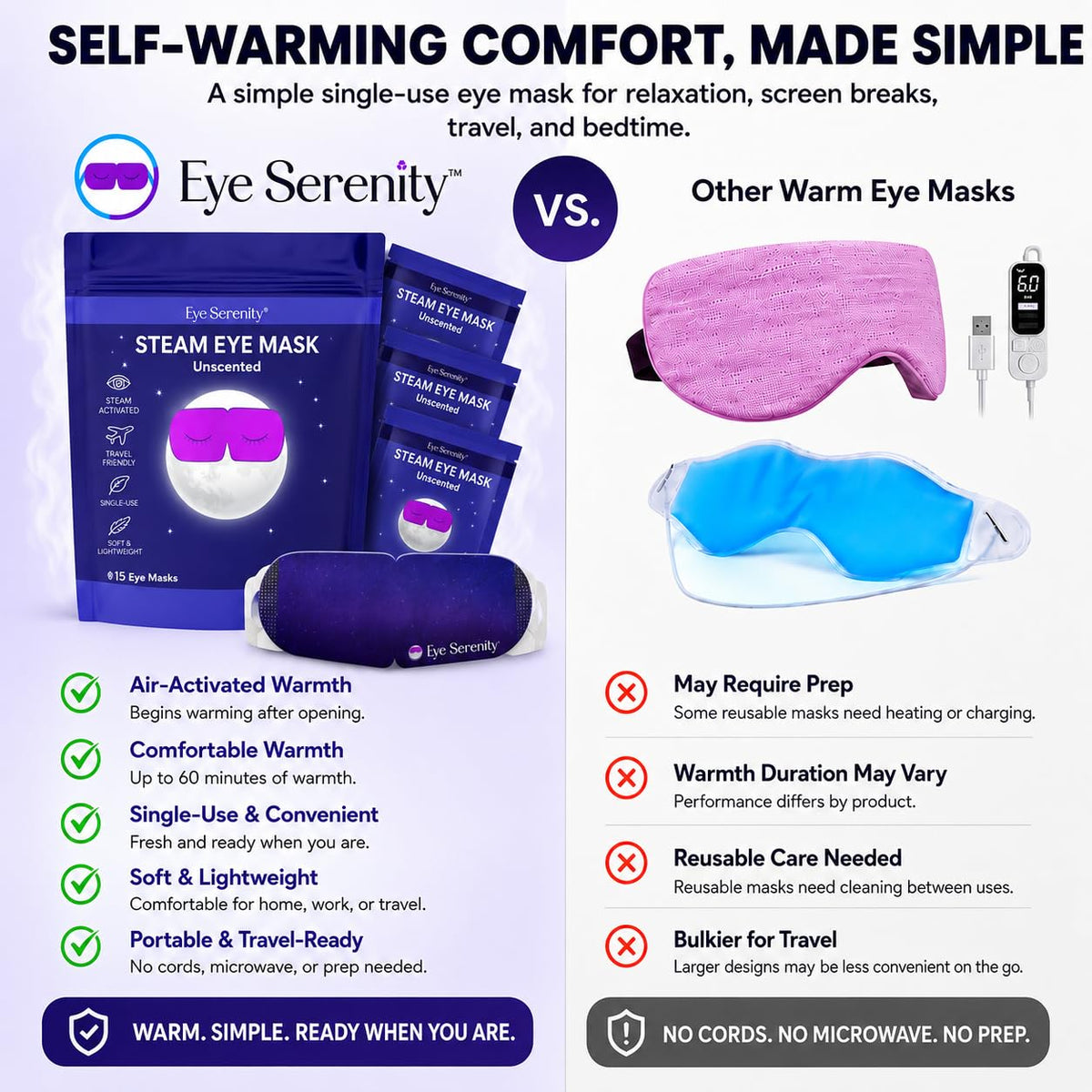 Lure Essentials mask on model demonstrating soothing moist heat for tired eyes