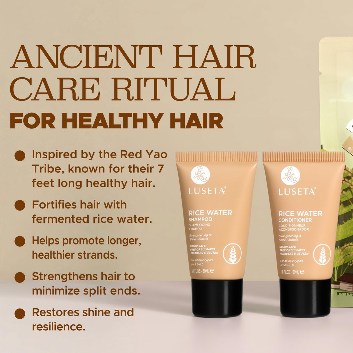 Luseta shampoo and conditioner being applied in shower on wet hair for smoother hair