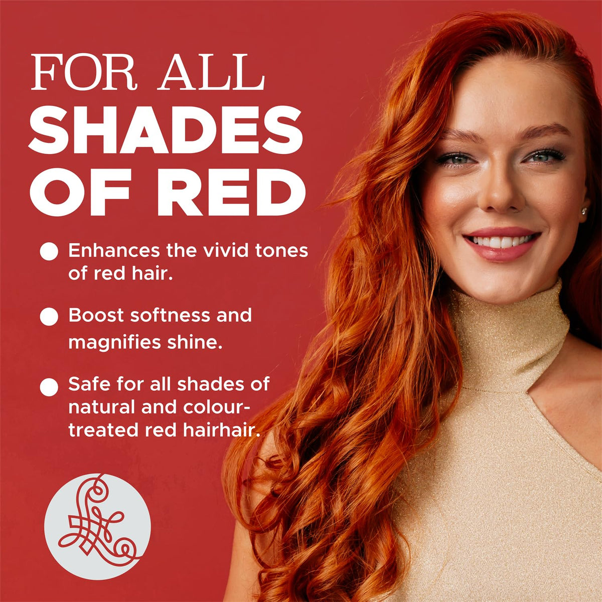 Before and after on red hair showing intensified copper tones, restores vibrancy