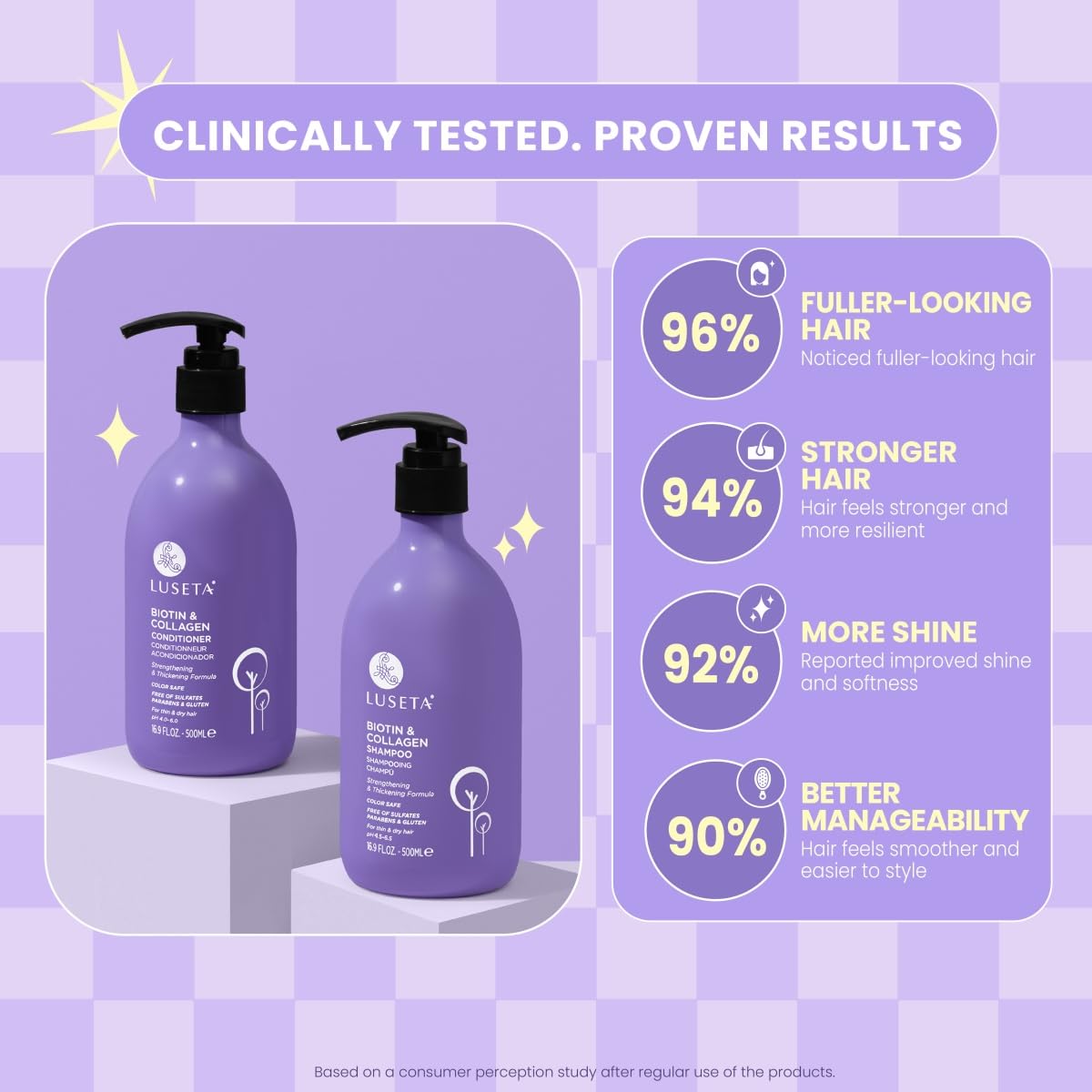 Luseta bottle label close-up highlighting biotin and collagen benefits