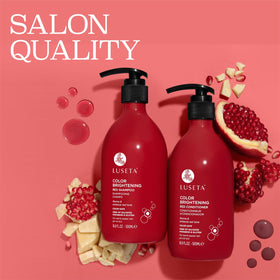 Luseta bottles staged on bathroom shelf, presents salon-care at home