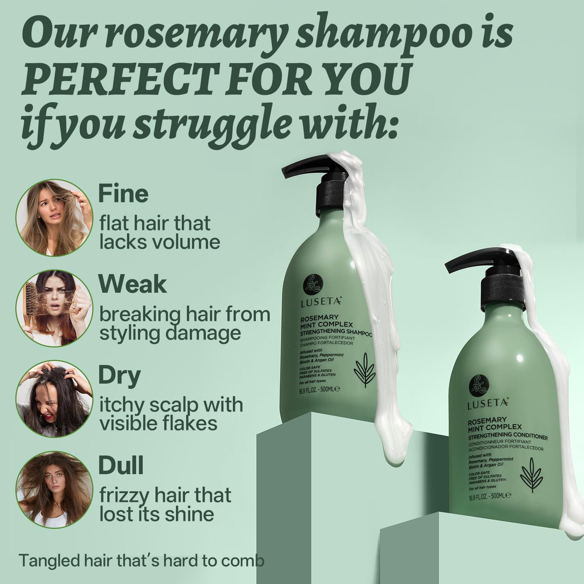 LUSETA conditioner pouring on hair strand to show detangling and smoothing benefit